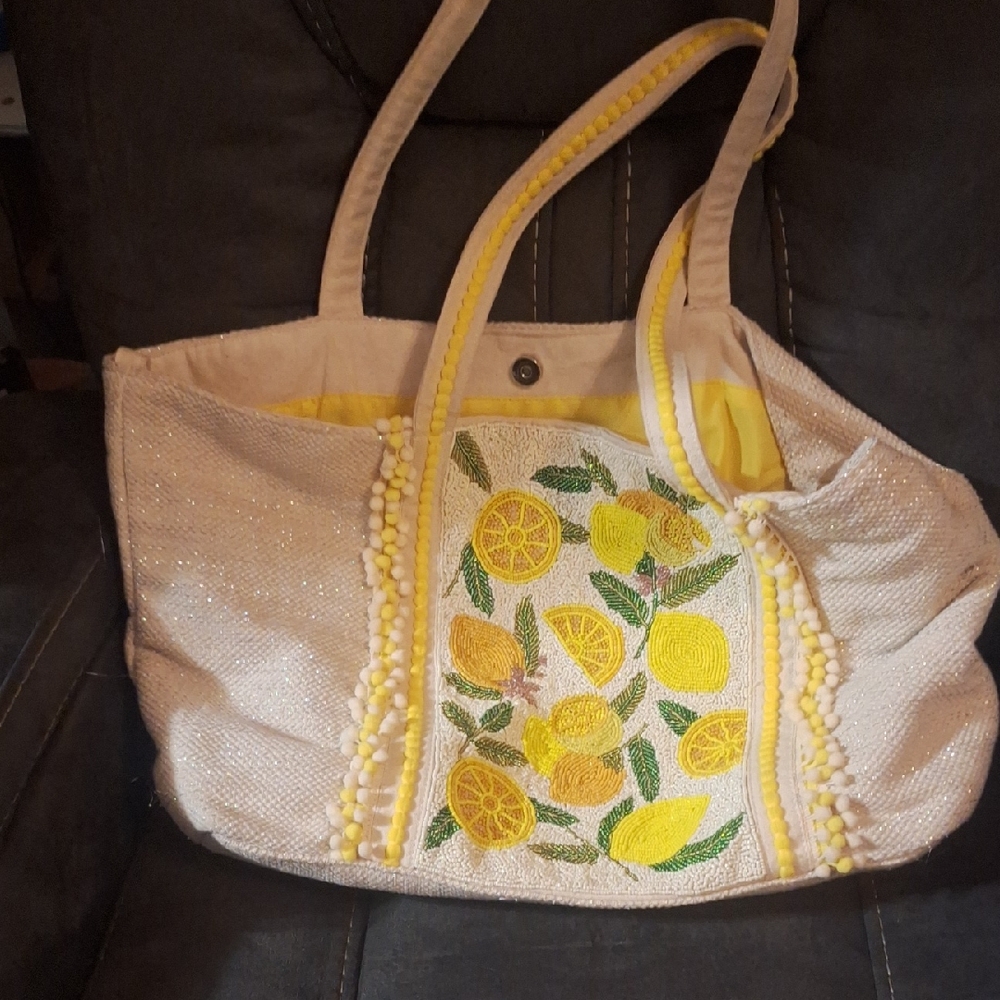 Lemon Embroidered Tote Bag - Cream and Yellow